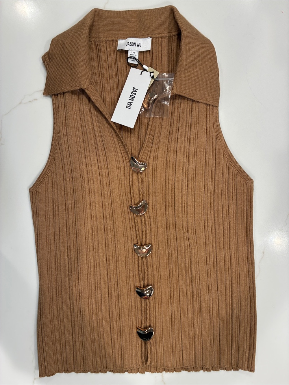Jason Wu Camel Ribbed Sleeveless Collared Tank with Gold Tone Buttons